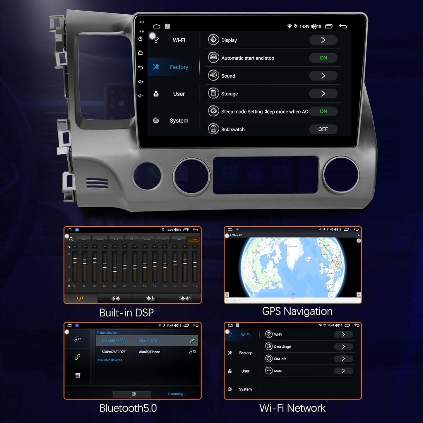 Car Stereo for Honda Civic 2006 2007 2008 2010 2011, Apple Carplay & Android Auto, 10'' HD IPS Touchscreen Car Audio Receiver, Car Multimedia Player with SIM Card Slot, AM/FM Radio, AUX Input