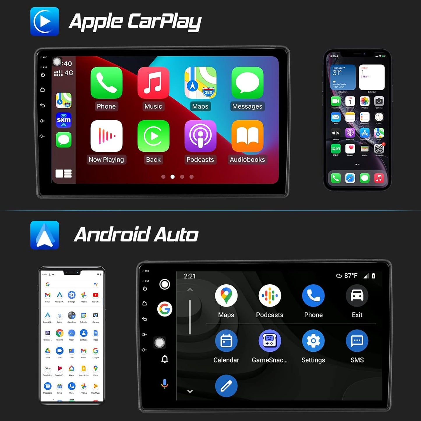Android Car Stereo, Car Multimedia Player with Apple CarPlay & Android Auto, 10'' HD Touchscreen Car Radio