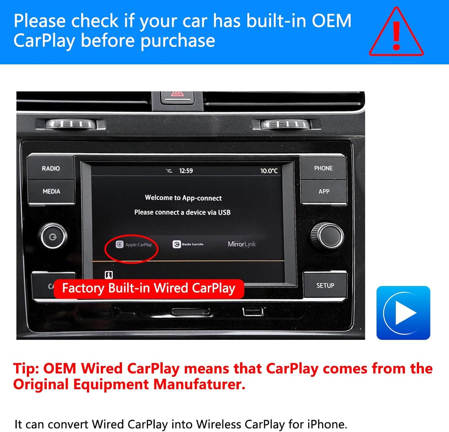Cidava Wireless CarPlay Adapter, Compatible with Factory Wired CarPlay Cars (Model Year: 2019 to 2022), Wireless CarPlay Dongle Convert Wired to Wireless CarPlay, CPC200-U2W-Plus Black