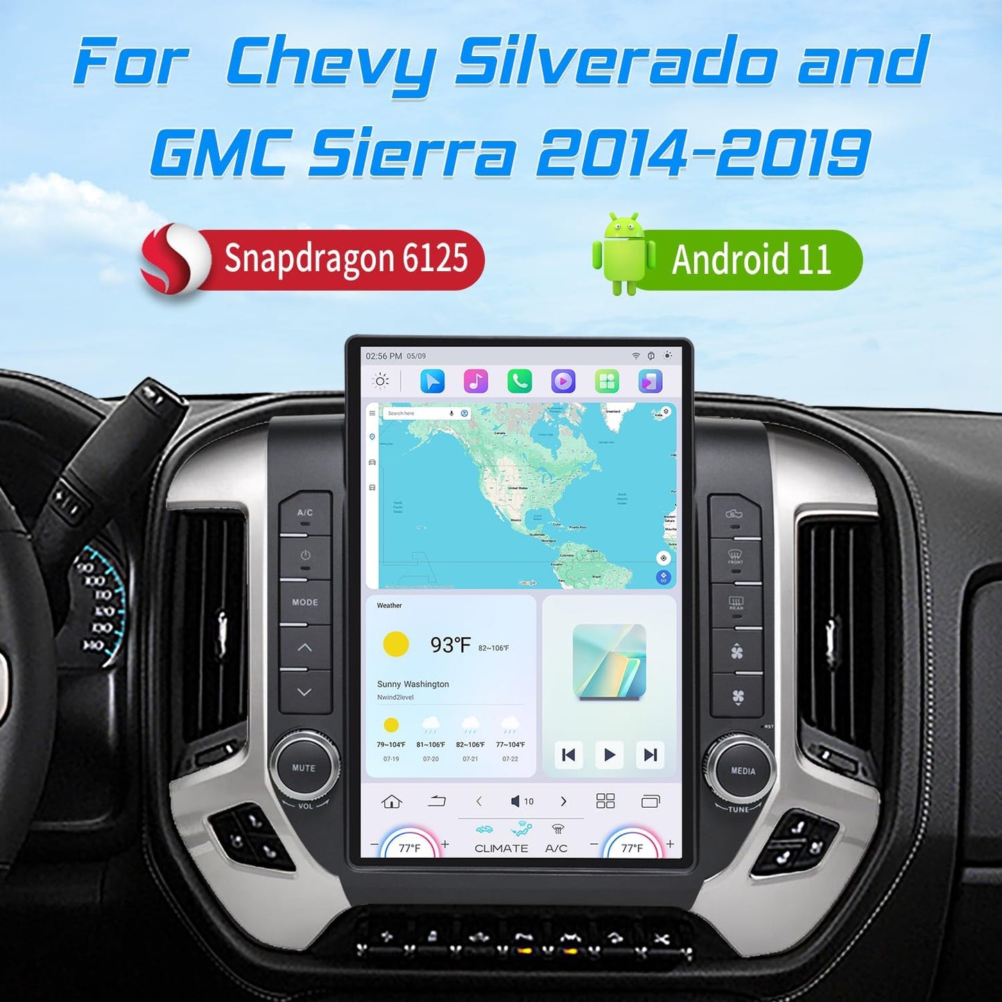 Cidava 13 Inch Qualcomm Android 11 Car Radio for Chevy Silverado and GMC Sierra 2014-2018, T-Style Car Stereo