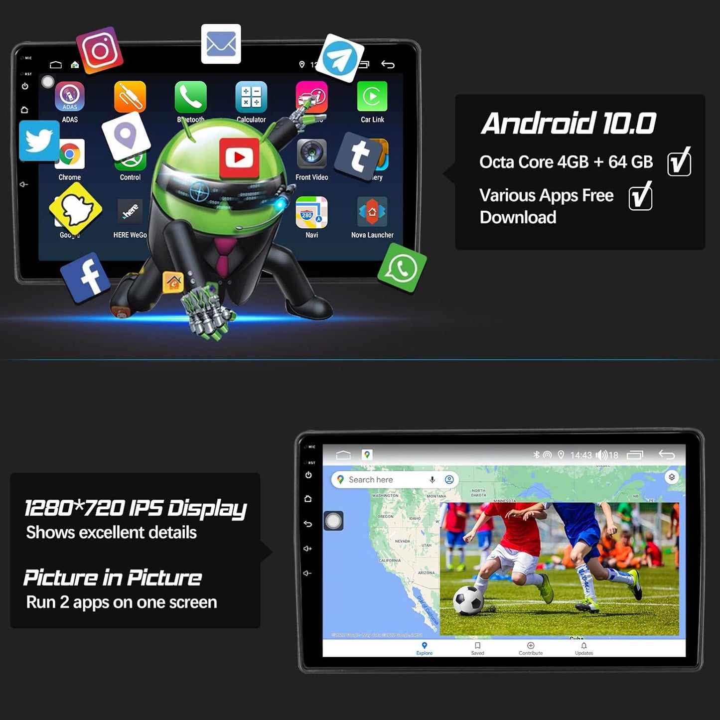 Android Car Stereo, Car Multimedia Player with Apple CarPlay & Android Auto, 10'' HD Touchscreen Car Radio