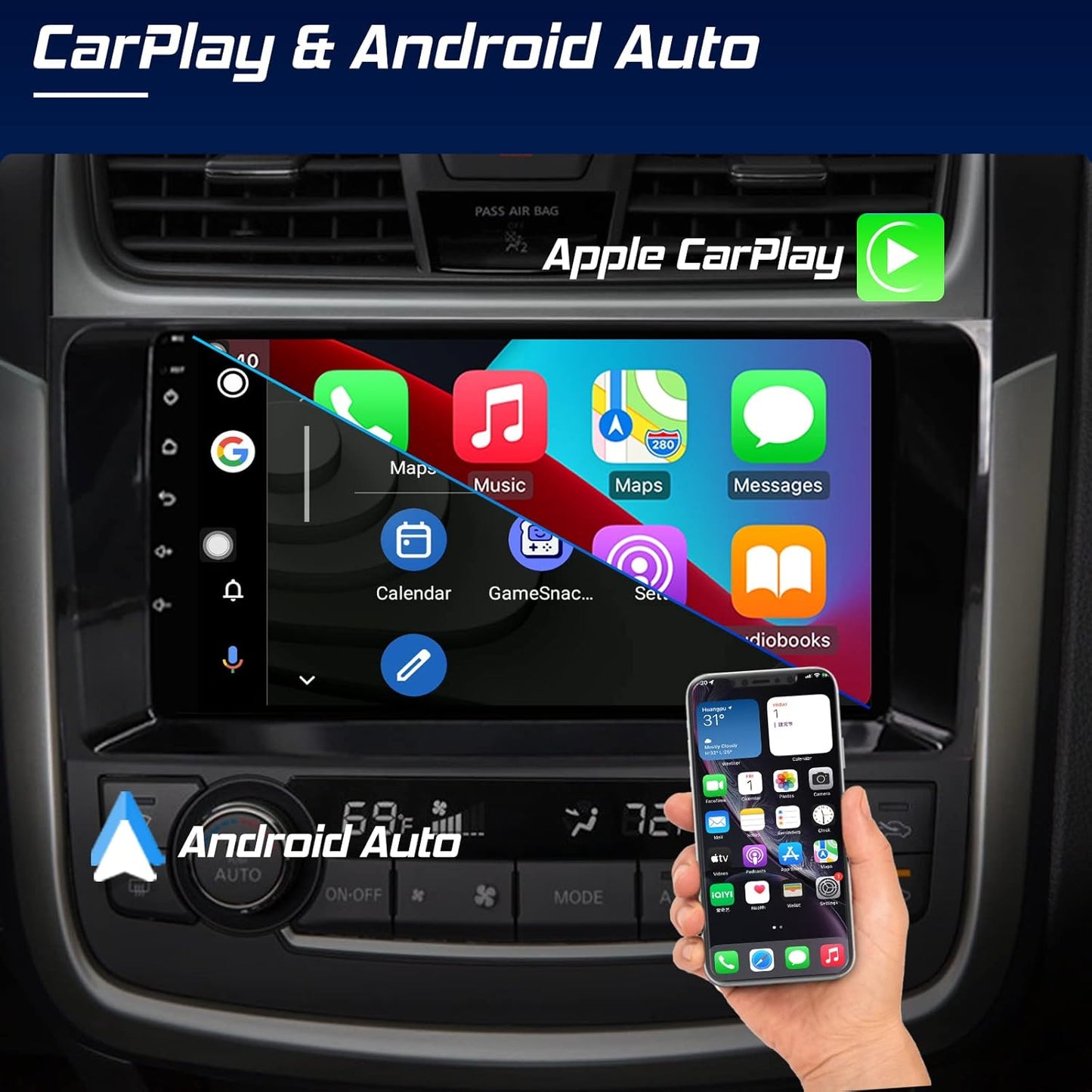 Car Stereo for Nissan Altima/Teana2014 2015 2016 2017 2018, Apple Carplay & Android Auto, 9inch HD IPS Touchscreen Car Audio Receiver, Car Multimedia Player with SIM Card Slot, AM/FM Radio, AUX Input