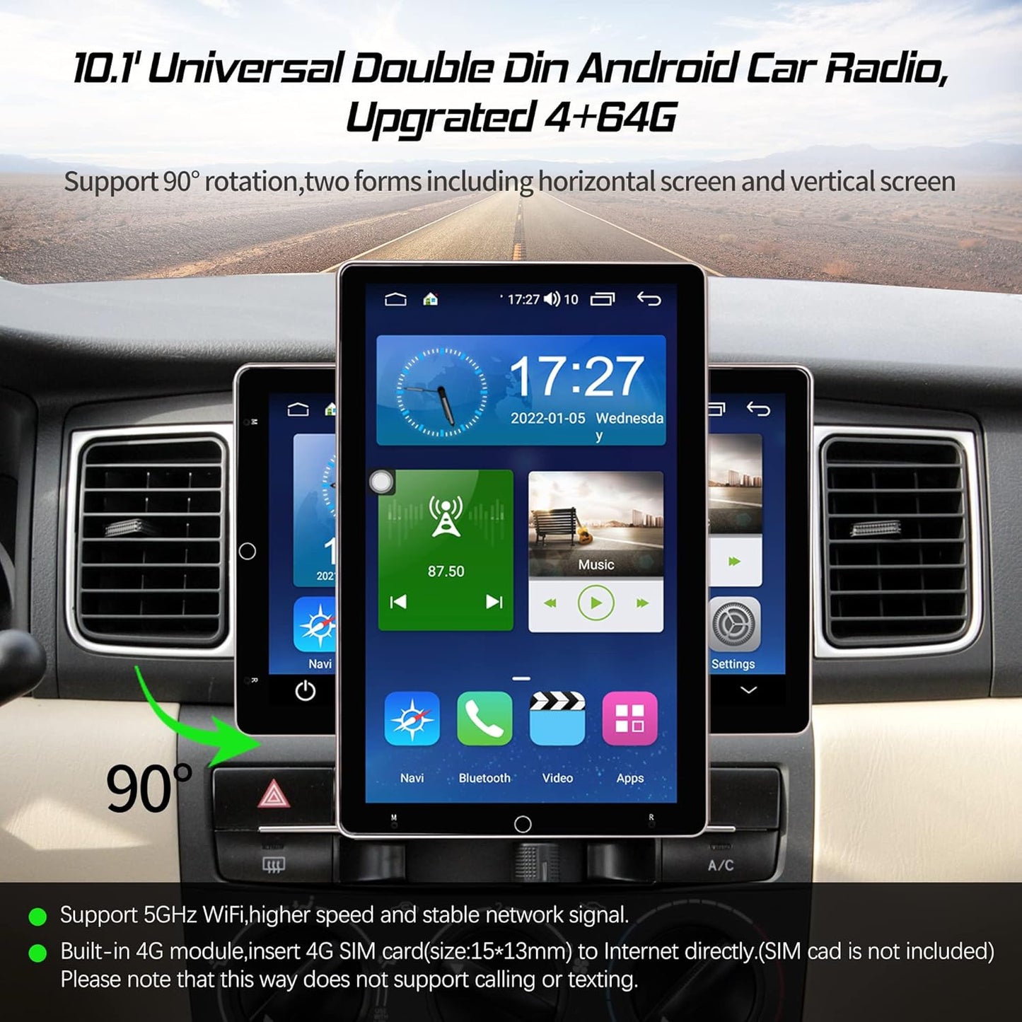 Cidava 10.1 Inch Universal Double Din Car Stereo Carplay Radio