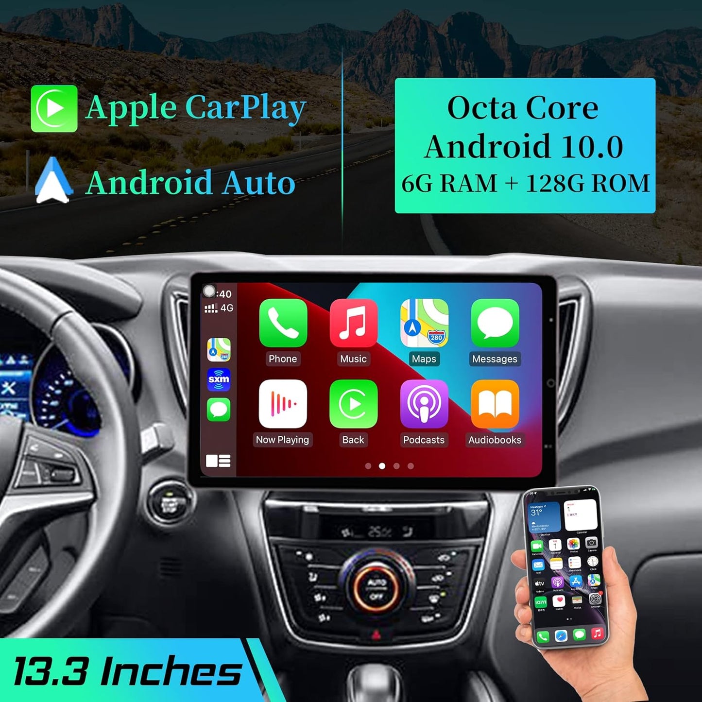 Cidava Universal Double Din Car Stereo Carplay Radio 13.3 Inch Octa Core, Rotatable Android Navigation Car Stereo